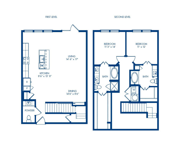 Camden Greenville apartments in Dallas, TX two bedroom, two and a half bathroom floor plan TH1 Flats