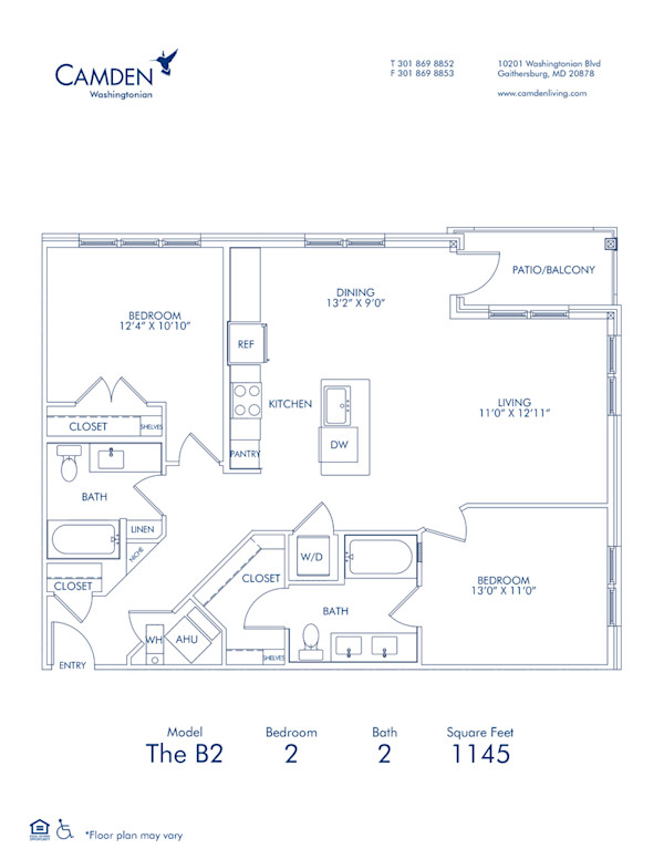 Blueprint of The B2, 2 bedroom 2 bathroom floor plan at Camden Washingtonian Apartments in Gaithersburg, MD