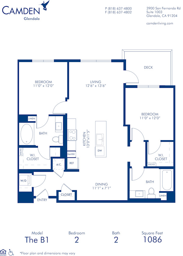 Blueprint of B1 Floor Plan, 2 Bedrooms and 2 Bathrooms at Camden Glendale Apartments in Glendale, CA