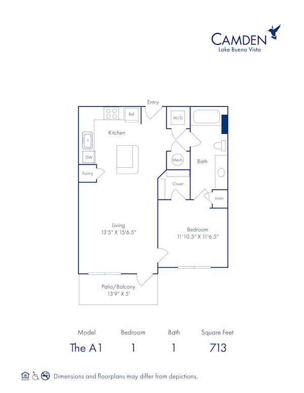 A1 floor plan at Camden Lake Buena Vista apartments in Orlando, FL