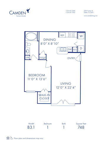 Blueprint of B3.1 Floorplan at Camden Farmers Market Apartments in Dallas, TX