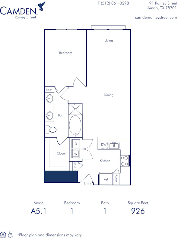 Camden Rainey Street apartments in Austin, TX one bedroom floor plan A5.1