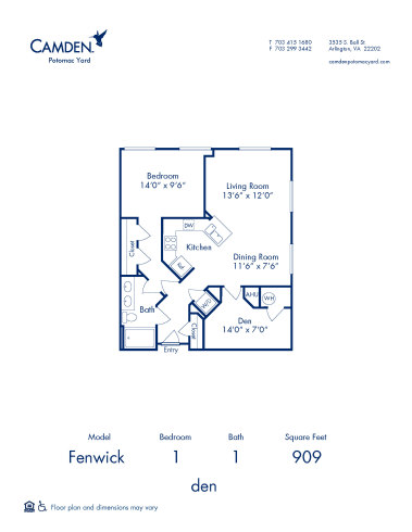 Blueprint of Fenwick Floor Plan, 1 Bedroom and 1 Bathroom at Camden Potomac Yard Apartments in Arlington, VA