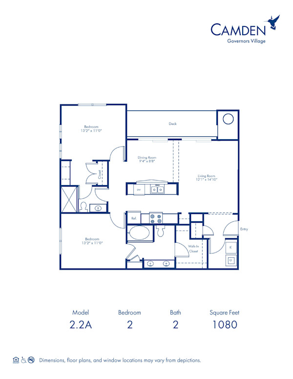 Blueprint of 2.2A Floor Plan, a 2 Bedroom and 2 Bathroom apartment home at Camden Governors Village Apartments in Chapel Hill, NC