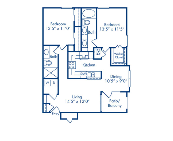 Blueprint of D Floor Plan, 2 Bedrooms and 2 Bathrooms at Camden Addison Apartments in Addison, TX
