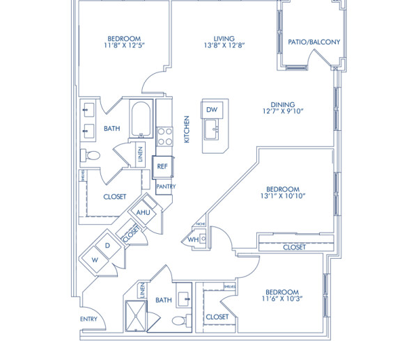 Blueprint of The C1, 3 bedroom 2 bathroom floor plan at Camden Washingtonian Apartments in Gaithersburg, MD