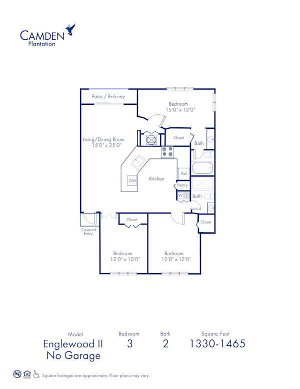 Blueprint of Englewood II - No Garage Floor Plan, 3 Bedrooms and 2 Bathrooms at Camden Plantation Apartments in Plantation, FL