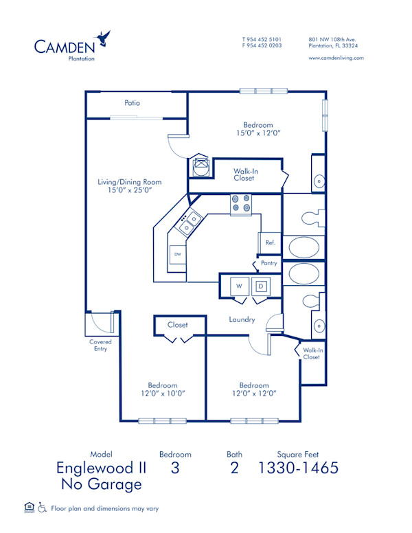 Blueprint of Englewood II - No Garage Floor Plan, 3 Bedrooms and 2 Bathrooms at Camden Plantation Apartments in Plantation, FL