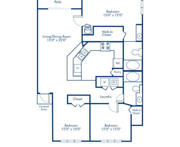 Blueprint of Englewood II - No Garage Floor Plan, 3 Bedrooms and 2 Bathrooms at Camden Plantation Apartments in Plantation, FL