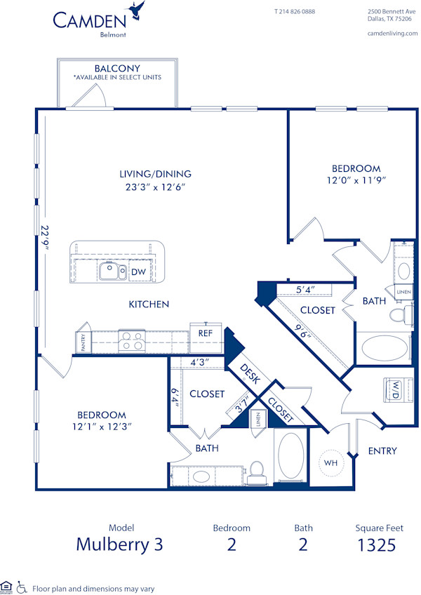 Blueprint of Mulberry 3 Floor Plan, 2 Bedrooms and 2 Bathrooms at Camden Belmont Apartments in Dallas, TX