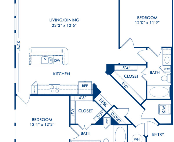 Blueprint of Mulberry 3 Floor Plan, 2 Bedrooms and 2 Bathrooms at Camden Belmont Apartments in Dallas, TX