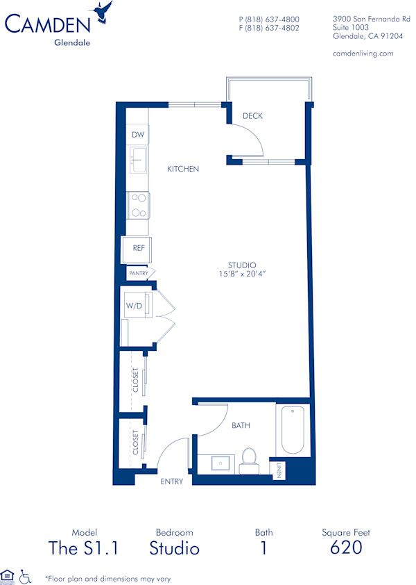 Blueprint of S1.1 Floor Plan, Studio with 1 Bathroom at Camden Glendale Apartments in Glendale, CA