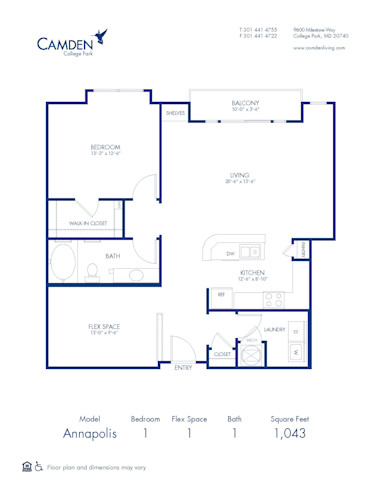 Blueprint of Annapolis Floor Plan, 1 Bedroom and 1 Bathroom at Camden College Park Apartments in College Park, MD