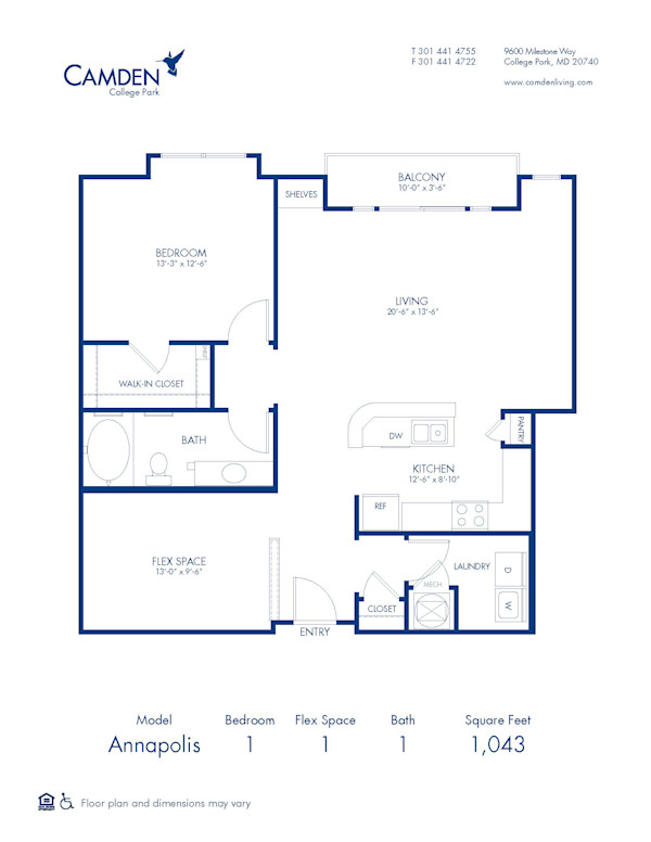 Blueprint of Annapolis Floor Plan, 1 Bedroom and 1 Bathroom at Camden College Park Apartments in College Park, MD