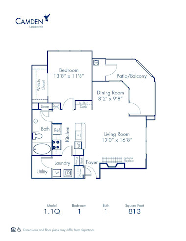 Blueprint of 1.1Q Floor Plan, 1 Bedroom and 1 Bathroom at Camden Lansdowne Apartments in Lansdowne, VA