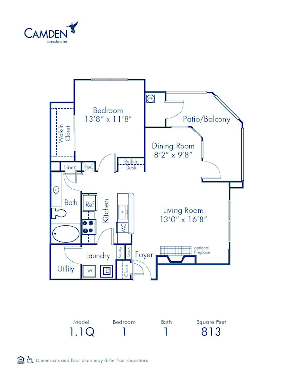 Blueprint of 1.1Q Floor Plan, 1 Bedroom and 1 Bathroom at Camden Lansdowne Apartments in Lansdowne, VA