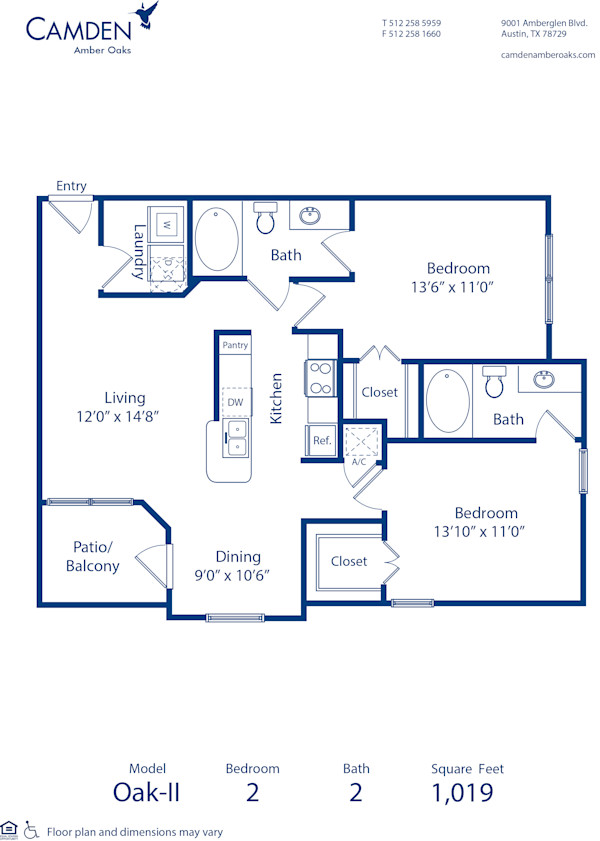 Blueprint of Oak - II Floor Plan, 2 Bedrooms and 2 Bathrooms at Camden Amber Oaks II Apartments in Austin, TX