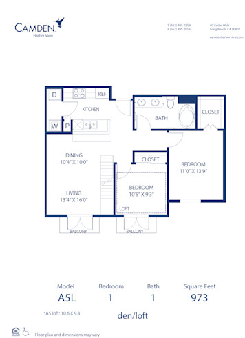 Blueprint of A5L Floor Plan, 1 Bedroom and 1 Bathroom at Camden Harbor View Apartments in Long Beach, CA