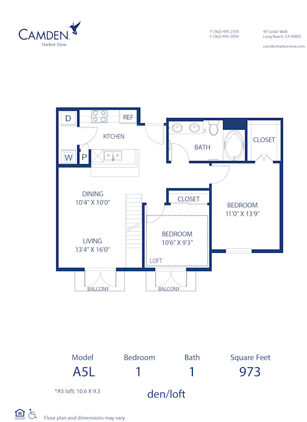 Blueprint of A5L Floor Plan, 1 Bedroom and 1 Bathroom at Camden Harbor View Apartments in Long Beach, CA