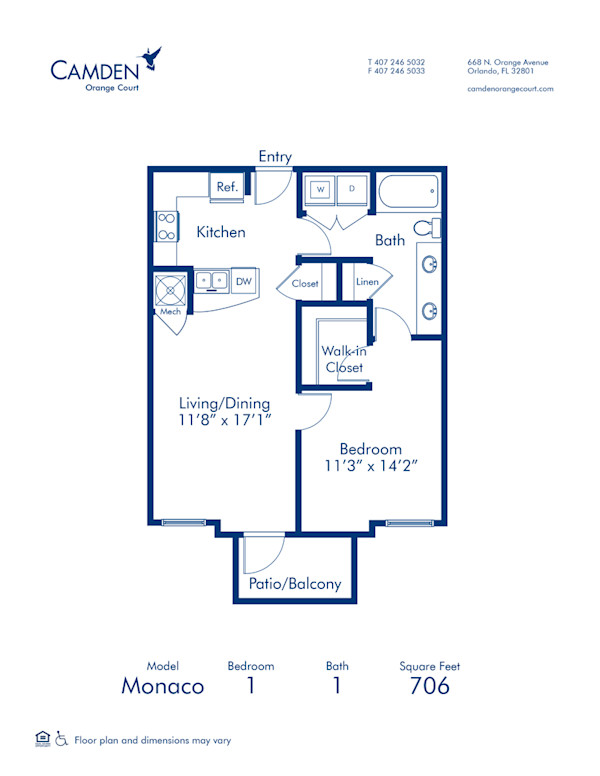Blueprint of Monaco Floor Plan, 1 Bedroom and 1 Bathroom at Camden Orange Court Apartments in Orlando, FL