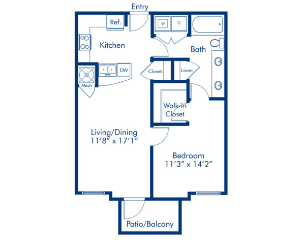 Blueprint of Monaco Floor Plan, 1 Bedroom and 1 Bathroom at Camden Orange Court Apartments in Orlando, FL