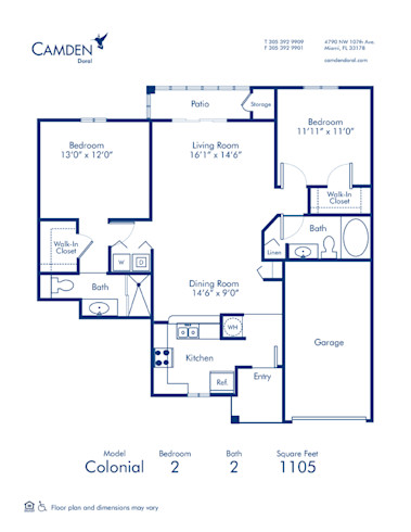 Blueprint of Colonial Floor Plan, 2 Bedrooms and 2 Bathrooms at Camden Doral Apartments in Doral, FL