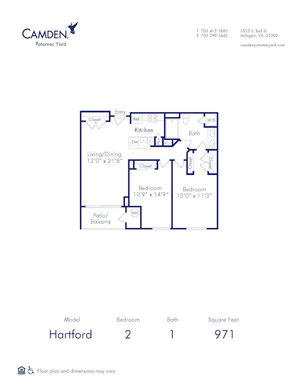 Blueprint of Hartford Floor Plan, 2 Bedrooms and 1 Bathroom at Camden Potomac Yard Apartments in Arlington, VA
