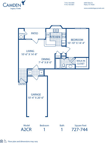 Blueprint of A2CR Floor Plan, 1 Bedroom and 1 Bathroom at Camden Legacy Creek Apartments in Plano, TX