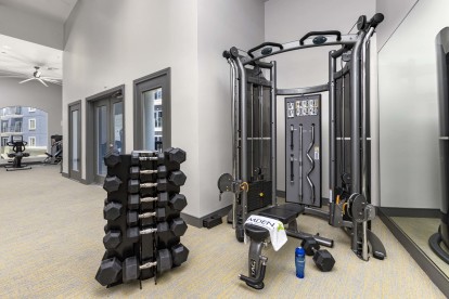 Gym fitness center weight machines and dumbbells