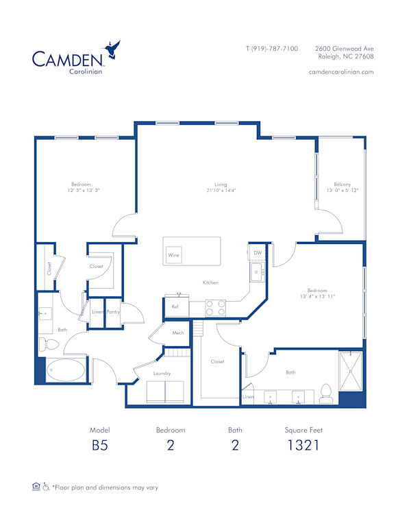 Camden Carolinian apartments in Raleigh, North Carolina two bedroom floor plan B5