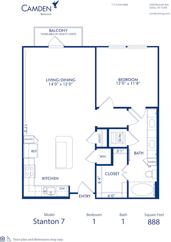 Blueprint of Stanton 7 Floor Plan, 1 Bedroom and 1 Bathroom at Camden Belmont Apartments in Dallas, TX