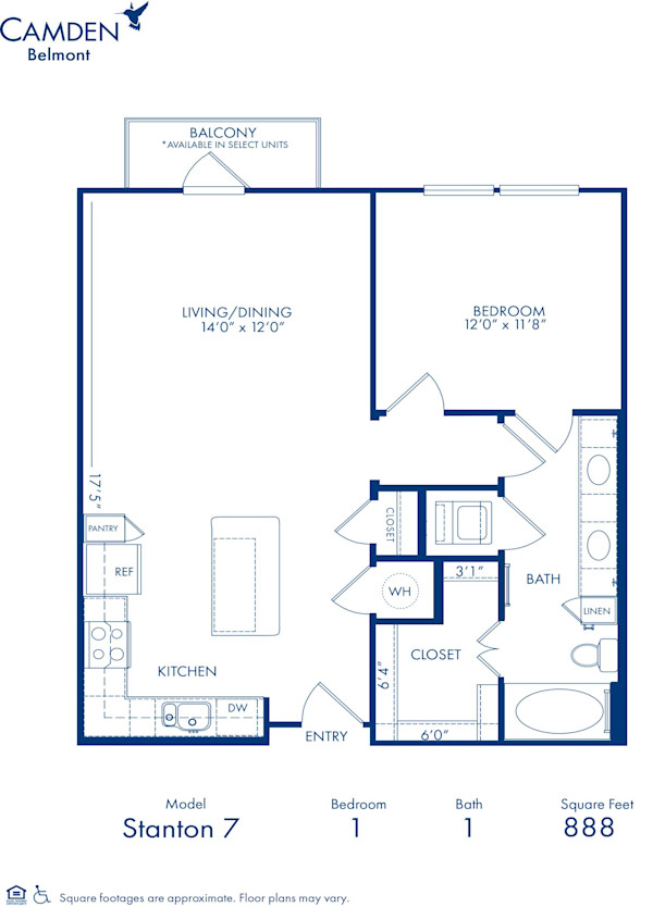 Blueprint of Stanton 7 Floor Plan, 1 Bedroom and 1 Bathroom at Camden Belmont Apartments in Dallas, TX