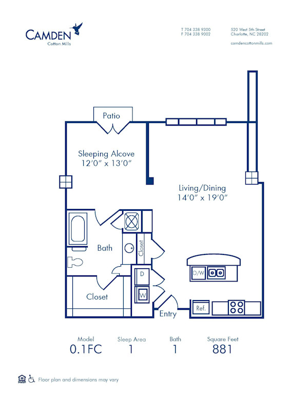 Blueprint of 0.1FC Floor Plan, Studio with 1 Bathroom at Camden Cotton Mills Apartments in Charlotte, NC