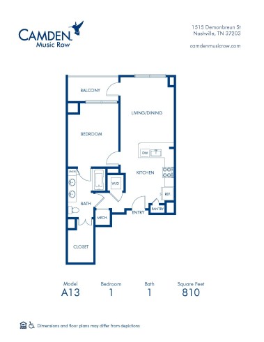 Blueprint of A13 Floor Plan, 1 Bedroom and 1 Bathroom at Camden Music Row Apartments in Nashville, TN