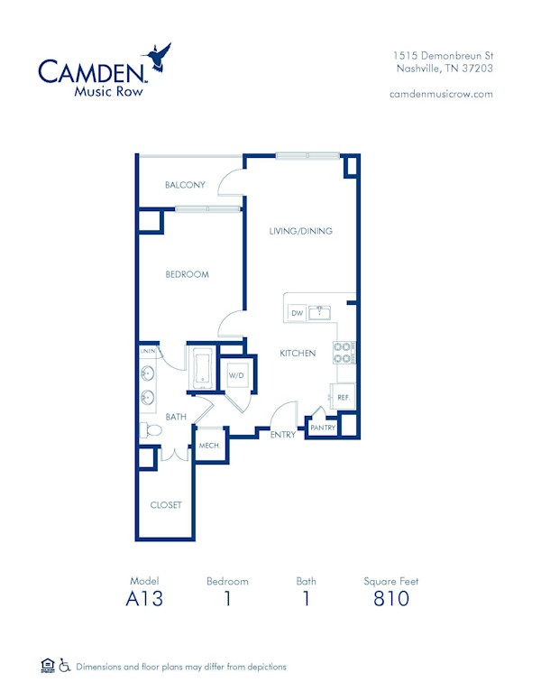 Blueprint of A13 Floor Plan, 1 Bedroom and 1 Bathroom at Camden Music Row Apartments in Nashville, TN