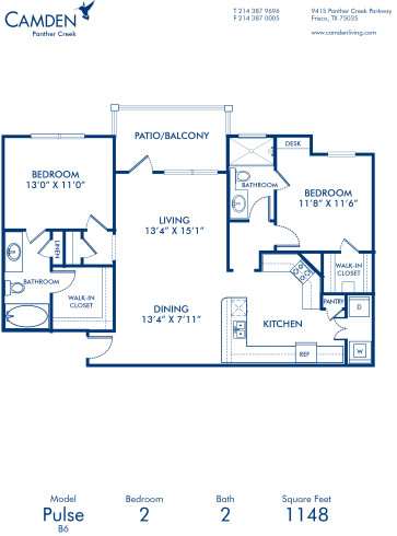 Blueprint of Pulse Floor Plan, 2 Bedrooms and 2 Bathrooms at Camden Panther Creek Apartments in Frisco, TX