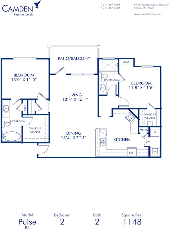 Blueprint of Pulse Floor Plan, 2 Bedrooms and 2 Bathrooms at Camden Panther Creek Apartments in Frisco, TX