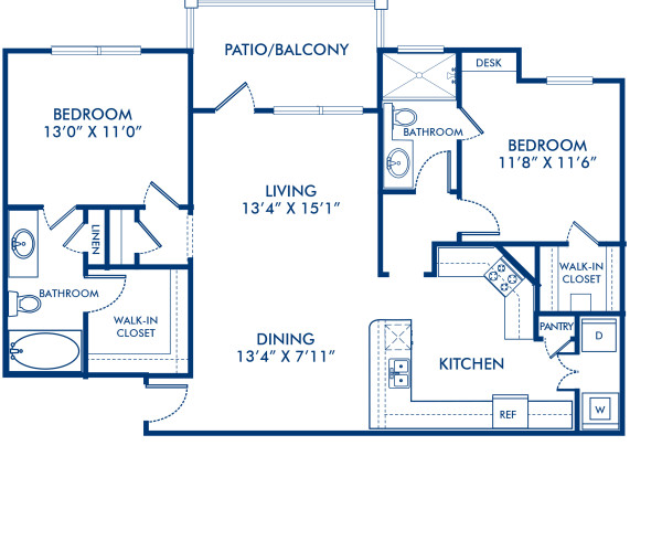 Blueprint of Pulse Floor Plan, 2 Bedrooms and 2 Bathrooms at Camden Panther Creek Apartments in Frisco, TX