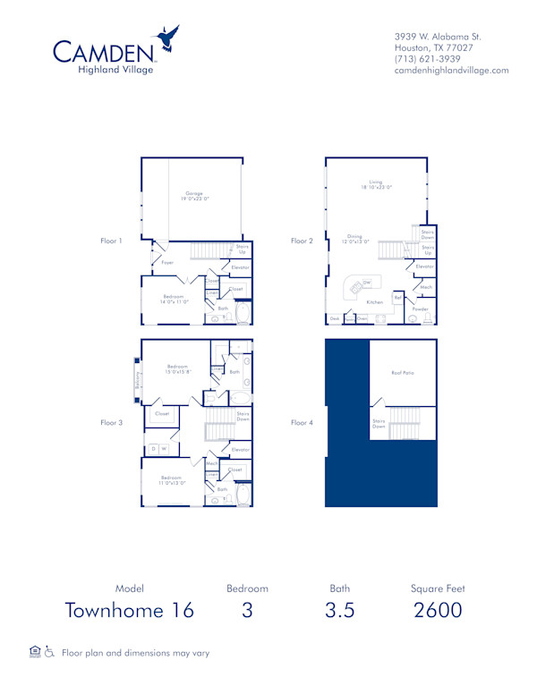 Camden Highland Village apartments in Houston, TX three bedroom x 3.5 bath floor plan Townhome 16