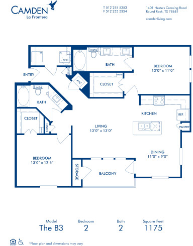 Blueprint of B3 Floor Plan, 2 Bedrooms and 2 Bathrooms at Camden La Frontera Apartments in Round Rock, TX