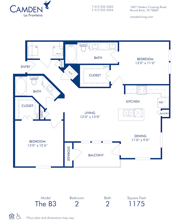 Blueprint of B3 Floor Plan, 2 Bedrooms and 2 Bathrooms at Camden La Frontera Apartments in Round Rock, TX