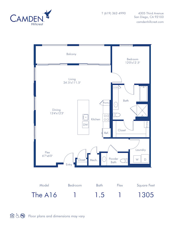 Camden Hillcrest apartments in San Diego, California one bedroom, one and a half bath floor plan The A16