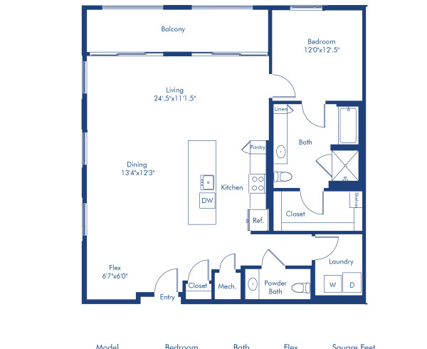 Camden Hillcrest apartments in San Diego, California one bedroom, one and a half bath floor plan The A16