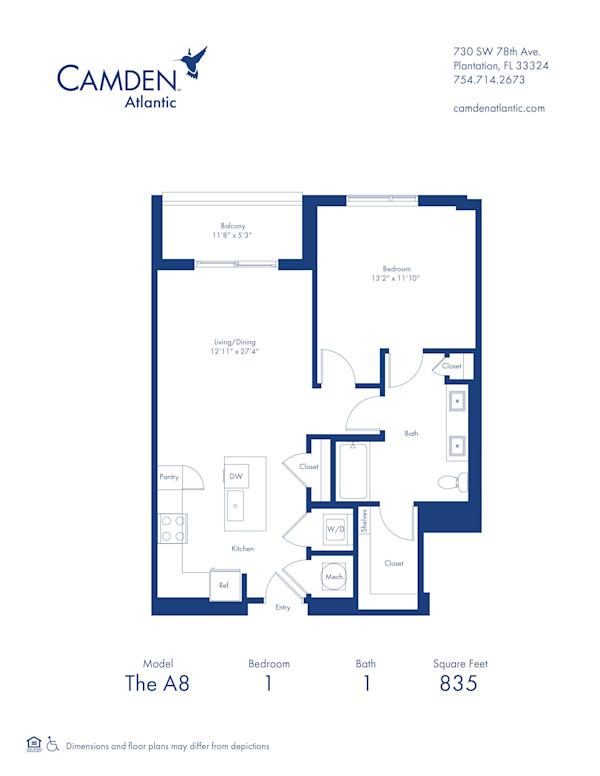 The A8 floor plan, 1 bed, 1 bath apartment home at Camden Atlantic in Plantation, FL