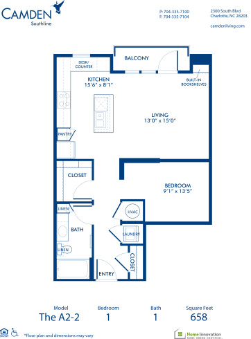 Blueprint of A2-2 Floor Plan, Studio with 1 Bathroom at Camden Southline Apartments in Charlotte, NC