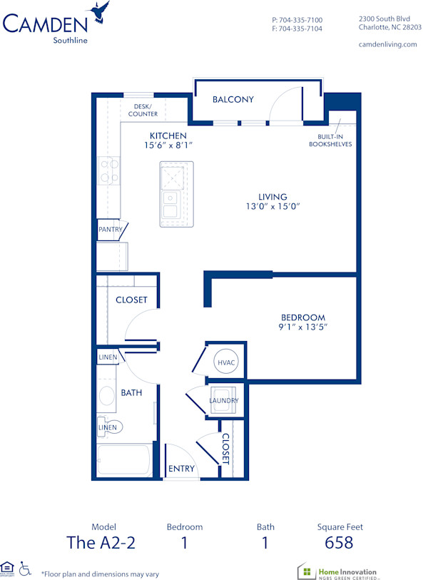 Blueprint of A2-2 Floor Plan, Studio with 1 Bathroom at Camden Southline Apartments in Charlotte, NC