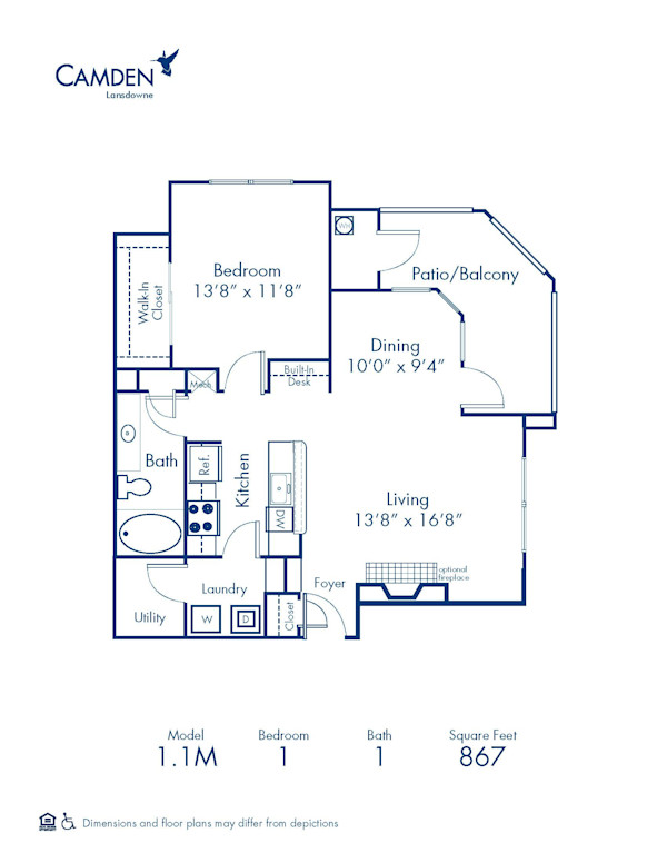 Blueprint of 1.1M Floor Plan, 1 Bedroom and 1 Bathroom at Camden Lansdowne Apartments in Lansdowne, VA
