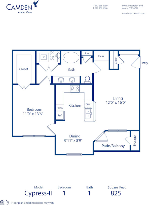 Blueprint of Cypress - II Floor Plan, 1 Bedroom and 1 Bathroom at Camden Amber Oaks II Apartments in Austin, TX