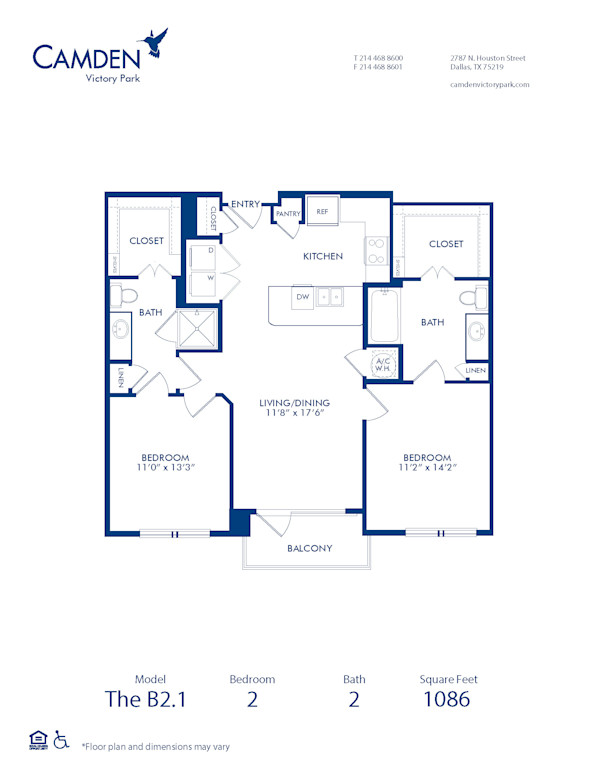 Blueprint of B2.1 Floor Plan, 2 Bedrooms and 2 Bathrooms at Camden Victory Park Apartments in Dallas, TX