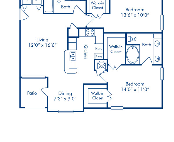 Blueprint of C Floor Plan, 2 Bedrooms and 2 Bathrooms at Camden Buckingham Apartments in Richardson, TX